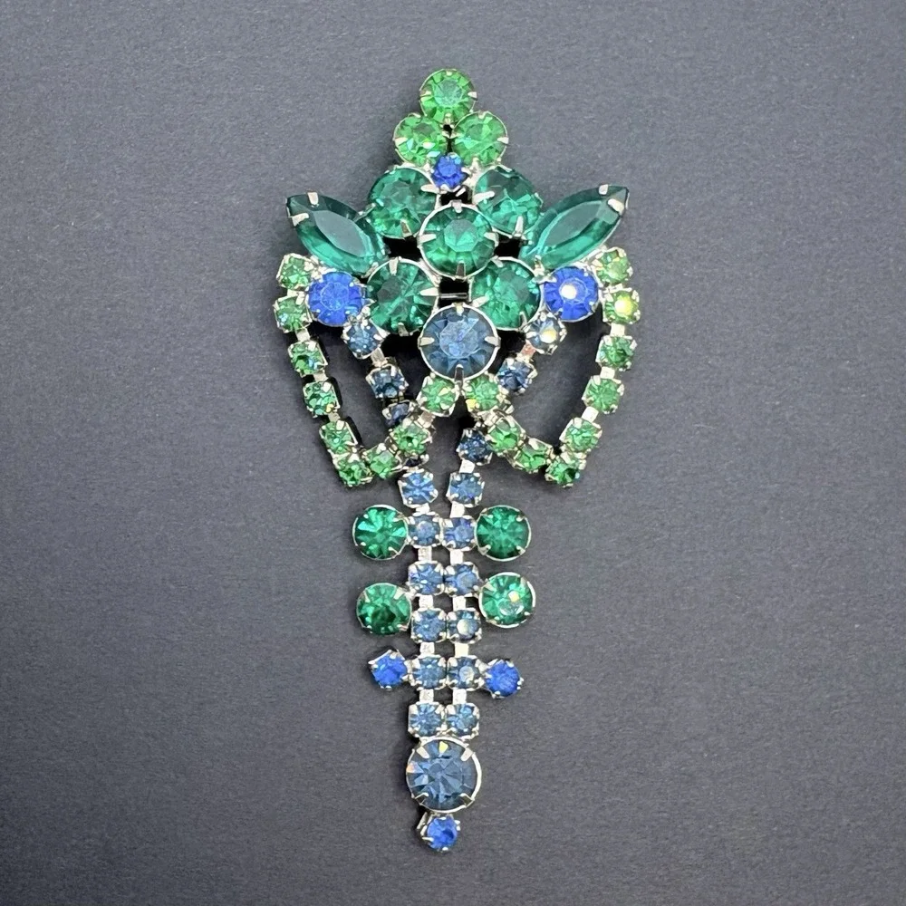 Vintage‎ Blue & Green Crystal Dangle Tassel Brooch Silver Tone Art Deco Style